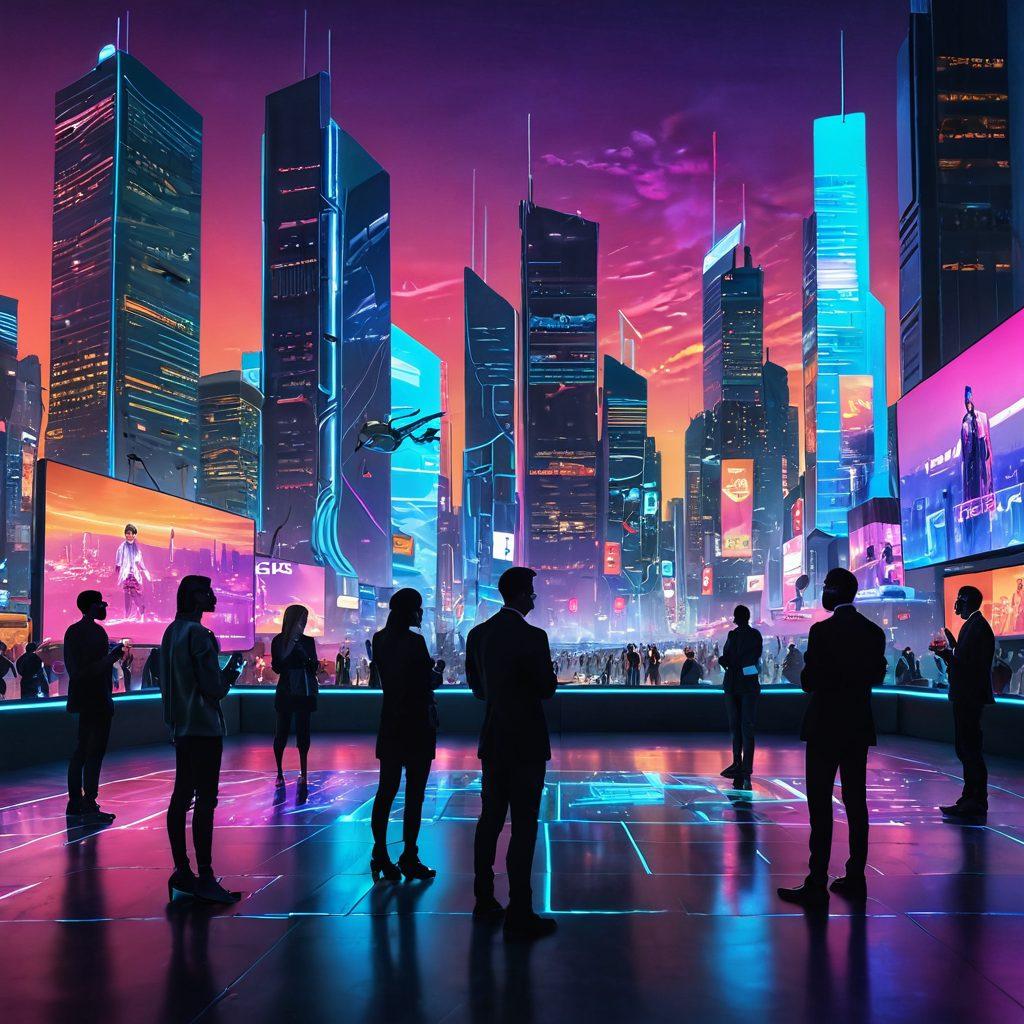 A futuristic cityscape with glowing virtual billboards and people interacting through holographic devices, showcasing a diverse group of individuals engaged in virtual networking. The skyline is adorned with digital elements and a radiant sunset, symbolizing innovation and connectivity. The foreground should feature tech-savvy individuals using augmented reality glasses. Enhance the scene with vibrant neon colors and dynamic visual effects to emphasize the digital theme. cyberpunk. vibrant colors. super-realistic.