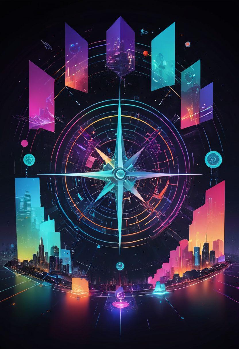 An abstract representation of a digital landscape merging multiple online platforms, with colorful geometric shapes symbolizing connectivity and interaction. A compass or navigation symbol overlay, indicating exploration, stands out in the foreground. Background features a blend of screens displaying various digital content. Futuristic elements with glowing accents to suggest innovation and technology. vibrant colors. cyberpunk.