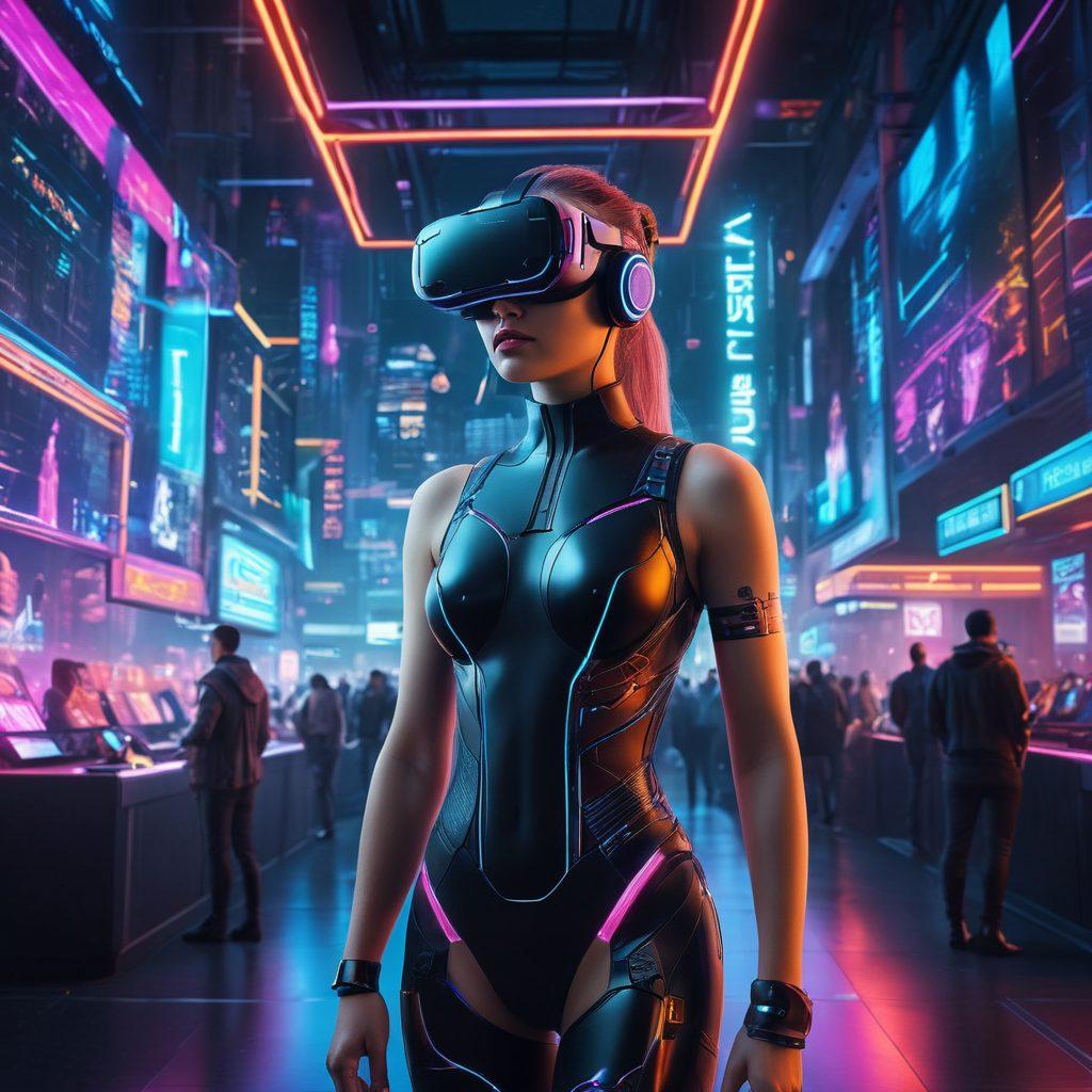 A futuristic digital landscape showcasing a vibrant virtual reality setting with immersive adult entertainment experiences. Incorporate holographic displays of virtual performers interacting with users, emphasizing diversity and innovation. Include elements like 3D glasses, neon lights, and a network of interconnected users engaging in various activities. The atmosphere should convey excitement and allure, with a hint of technology. super-realistic. vibrant colors. cyberpunk.